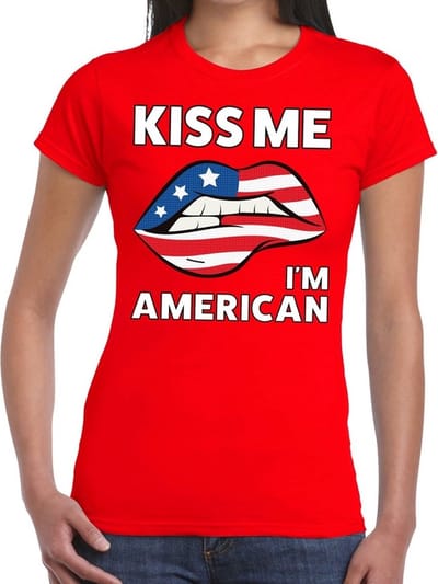 Kiss me - I am American - t-shirt - rood - dames - USA - Amerika - korte mouwen - feest kleding XS