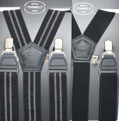 Voordeelset! 2-pack Timbelt Bretels zwart & streep zwart-grijs - 4 Clips - Extra stevige Klem Clip - Elastische Bretels