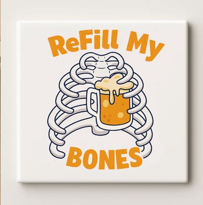 Grappige Bier Tegel “Refill My Bones” – 15x15 cm Keramische Muurtegel – Humoristisch Skelet Ontwerp, Perfect Cadeau voor Bierliefhebbers of Bardecoratie