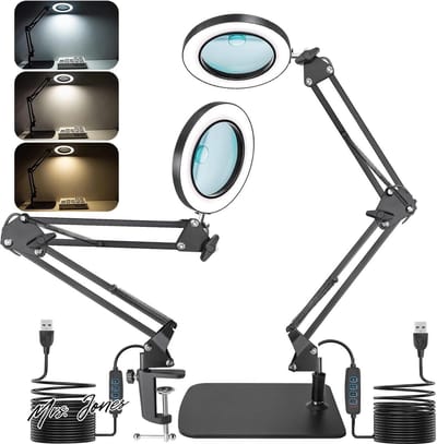Mrs. Jones Vergrootglas met licht en standaard Jubor 10X 15X LED loeplamp - klem en basis bureaulamp - 3 kleurmodi dimbaar LED loeplamp voor hobby ambachten - werkpleklamp LED leeslamp .