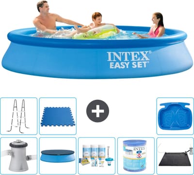 Intex Rond Opblaasbaar Easy Set Zwembad - 305 x 61 cm - Blauw - Inclusief Pomp - Afdekzeil - Onderhoudspakket - Filter - Solar Mat - Ladder - Voetenbad - Vloertegels - 9-delig