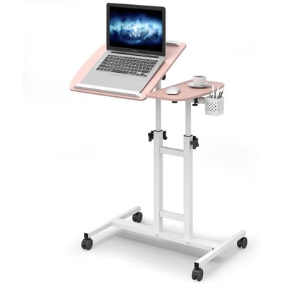 Laptoptafel Verstelbaar Mobiel Ergonomisch Roze 64x40x58-89 cm-bureau op wielen, werktafel, bedbureau, laptopstandaard, studeertafel, spelertafel, laptopstandaard