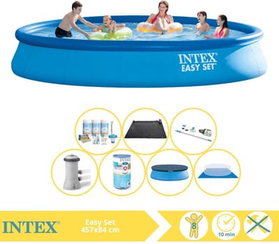 Intex Rond Opblaasbaar Easy Set Zwembad - 457 x 84 cm - Blauw - Inclusief Pomp - Afdekzeil - Onderhoudspakket - Filter - Grondzeil - Stofzuiger - Solar Mat - 8-delig