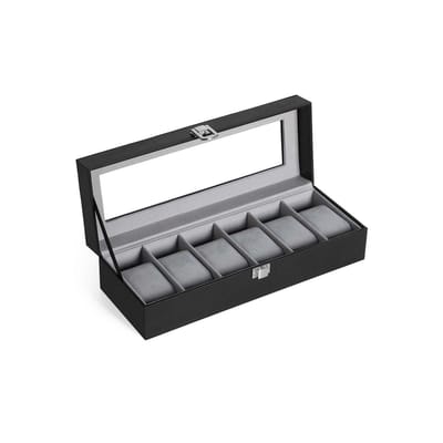 Zes vakken horlogedoos 11,2x30x8 cm Zwart Met glazen deksel en fluwelen kussens Duurzaam, fluwelen voering, zachte en comfortabele uitstraling, stijlvol en klassiek, geschikt voor meerdere horloges