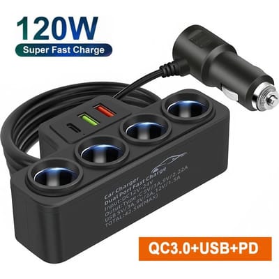 12V/24V Auto Sigarettenaansteker Adapter Nieuwe 4-in-1 Socket 3.1A Oplader Oplader USB Auto USB+QC3.0+PD3.1A Auto Oplader Accessoires China Mainland zwart