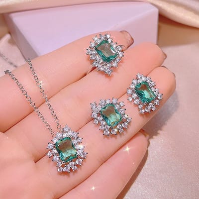 Bijoux de luxe 3 pièces Zirconium Coupe Cœur 925 Bague de fiançailles Boucles d'oreilles Pendentif Cœur pour Femme Cadeau de Fête Anniversaire Y14292YY-resizable&45cm gray