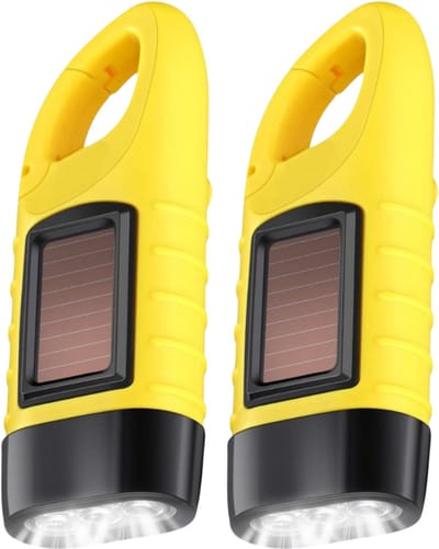 JustValue Opwindbare Zaklamp - Militaire zaklamp - Set van 2 - Knijpkat - Noodverlichting - Dynamo - Zonne-energie - Solar - Geel