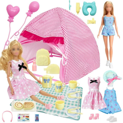 Dailygoods- Poppen Set 32-delig - Poppen Camping - Poppen Reis - Poppen Accessoires - 11,5 inch Pop - Speelgoed Pop - Speelgoedpop