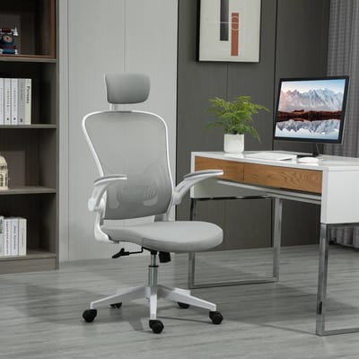 MODFU Bureaustoel - Ergonomisch En Verstelbaar - Met Hoofdsteun En Schommelfunctie - Voor Kantoor Of Thuis - Grijs - 65 X 64 X 114-122 Cm