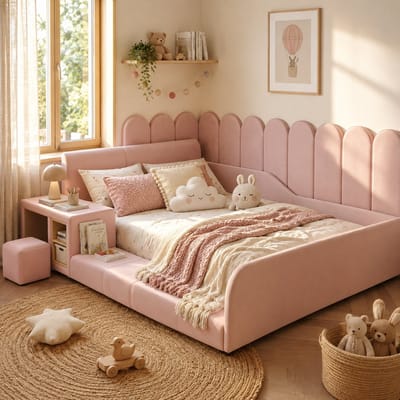 Kinderbed 140x200 cm - Tweepersoonsbed - Gestoffeerd bed - Vloerbed - Met opbergplanken - Met zacht hoofdeinde - Fluweelstof - Met bureau en stoel - Zacht en schokbestendig - Roze