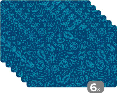 Placemat - Placemats kunststof - Blauw - Bacteriën - Virussen - Design - 45x30 cm - 6 stuks - Hittebestendig - Anti-Slip - Onderlegger - Afneembaar