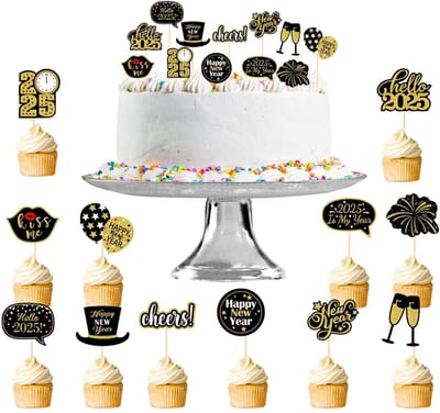 Dailygoods- Taartdecoraties 24 Stuks - Gelukkig Nieuwjaar Taartdecoraties - Oudejaarsfeestdecoratie - Taartdecoratieaccessoires - Herbruikbare Decoraties - Hoogwaardig Papier - Taartversieringen