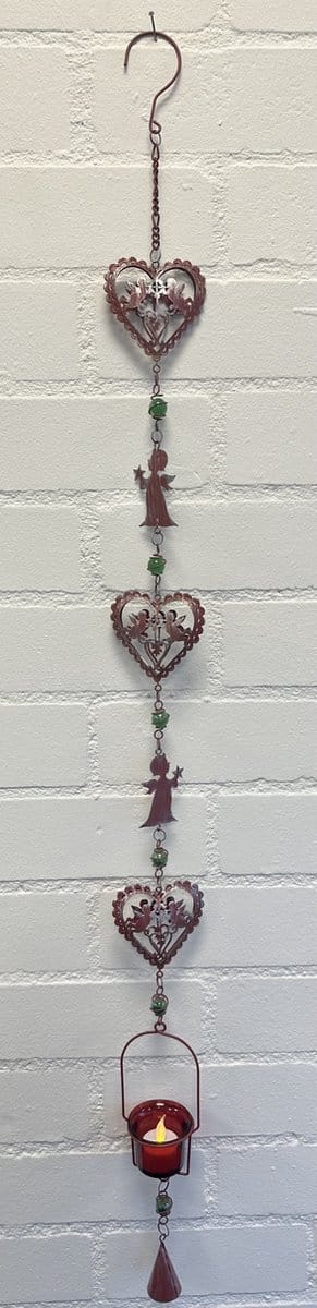Deco theelichthouder "Kerst" met metalen ketting - Hart met engeltjes & Engel - rood koper kleurig - lengte 105 cm - exclusief theelicht - Woondecoratie - Theelichthouder - Feestversiering - Kerst