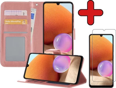 Hoesje - Met Screenprotector - Geschikt voor Samsung Galaxy A32 5G - Luxe Pasjeshouder - Flipcase - Bookcase Portemonee - Flip Case - Kunstleer Book Case - Book Cover - Walletcase - Portemonneehoes - Telefoonhoes - Rosé goud