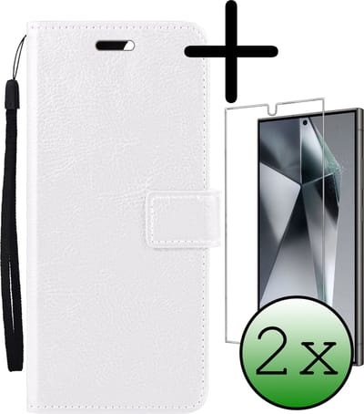 Hoesje Met 2x Screenprotector - Geschikt voor Samsung Galaxy S24 Ultra - Luxe Pasjeshouder - Bookcase Portemonee - Flip Case - Kunstleer Book Case - Flipcase Hoes - Book Cover - Walletcase - Portemonneehoes - Wit