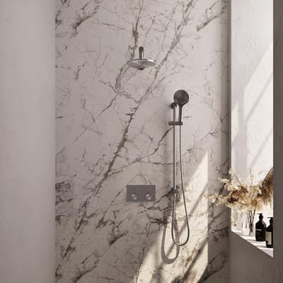 Brauer Brushed Carving Thermostatische Regendoucheset Inbouw - Hoofddouche 20 cm - Rechte Wandarm - Met Drukknoppen - Handdouche 3 Standen - Doucheslang - Geintegreerde Glijstang - Rvs