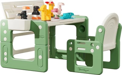 2-zijdige tekentafel en stoel voor kinderen, met bouwstenen, activiteitstafel voor peuters, in hoogte verstelbaar, multifunctionele kindermeubelset voor kleuters (groen)
