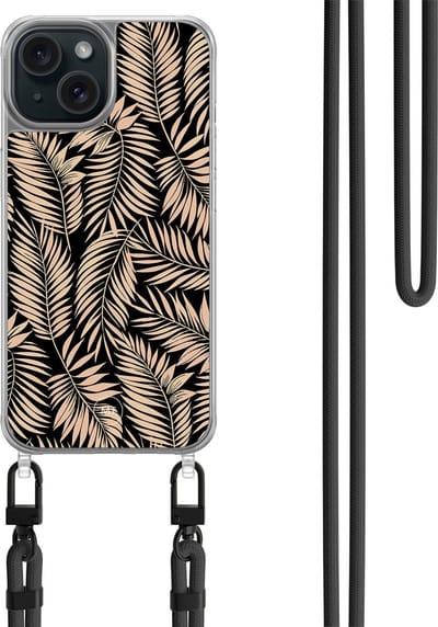 Hoesje met koord geschikt voor iPhone 14 - Palm silhouette - Inclusief zwart koord - Crossbody beschermhoes - Transparant, Zwart, Beige - Mooie Telefoonhoesjes