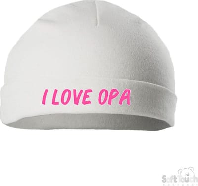 Soft Touch Mutsje Rolmutsje Bedrukt "I Love Opa" Wit/roze Maat New Born Maat 56