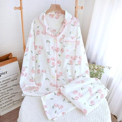 Dames Lente en Zomer Bedrukte Pyjama Set 100% Katoen Dunne Lange Mouwen Tweedelige Set Fris en Zoet Vest 2XL