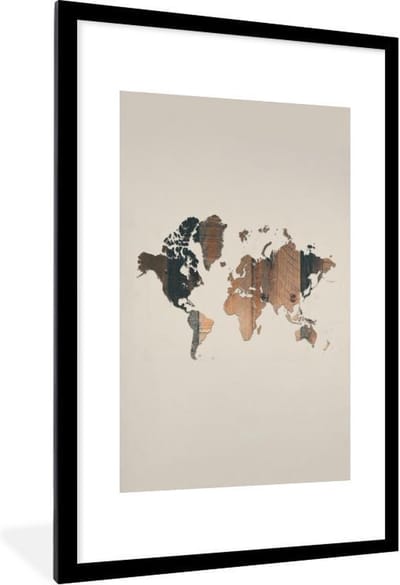 Poster in lijst - Fotolijst 80x120 cm - Posters - Wereldkaart - Houten plank - Bruin - Posterlijst zwart - Decoratie - Wanddecoratie woonkamer - Muurdecoratie slaapkamer