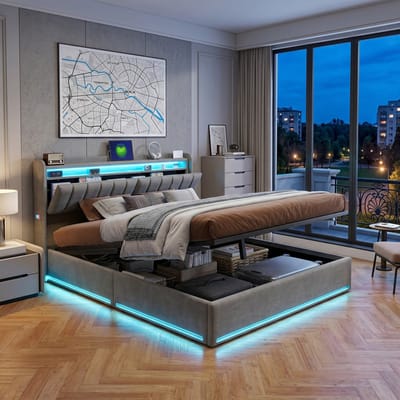 Luxe Tweepersoonsbed 140x200 Grijs Fluweel – Met Opbergruimte, RGB LED, Hoofdbord & Stopcontact – Gestoffeerd Bed