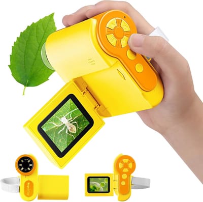 Microscoop - Microscoop voor kinderen - microscoopset - 1000x handmicroscoop voor kinderen, 2,0 inch scherm, mini-zakmicroscoop met 6 verstelbare ledlampjes, kerstcadeaus voor kinderen van 8 tot 12 jaar, inclusief 32 GB SD-kaart（Geel）