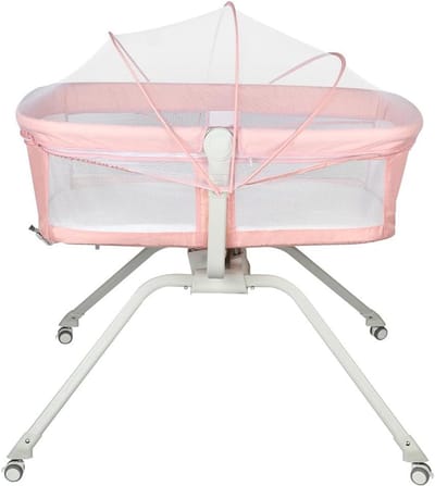 Babyledikant met Mosquito Net - Reiswieg Kinderbed - Veilig Slapen - Verstelbare Hoogte Wielen - 0-36 Maanden - Roze