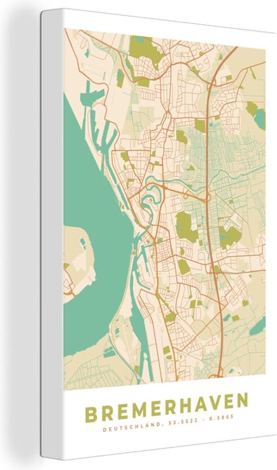 Canvas Schilderij Bremerhaven - Plattegrond - Kaart - Vintage - Stadskaart - 20x30 cm - Wanddecoratie