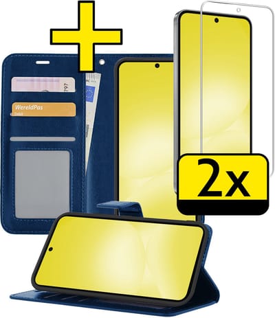 Hoesje - Met 2x Screenprotector - Geschikt voor Samsung Galaxy A56 - Luxe Pasjeshouder - Bookcase Portemonee - Flip Case - Kunstleer Book Case - Flipcase Hoes - Book Cover - Walletcase - Portemonneehoes - Telefoonhoesjes - Donkerblauw