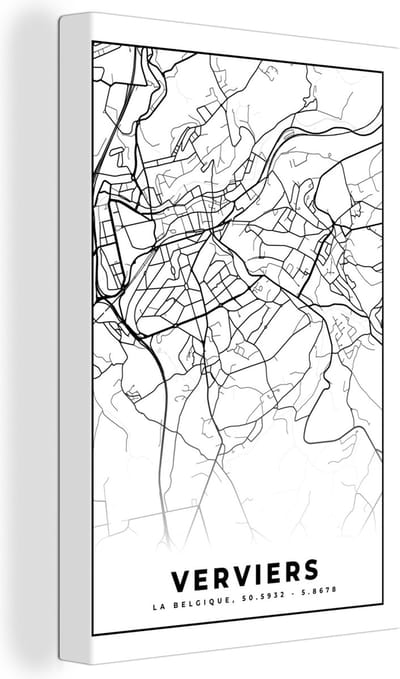 Canvas Schilderij België – Verviers – Stadskaart – Kaart – Zwart Wit – Plattegrond - 20x30 cm - Wanddecoratie