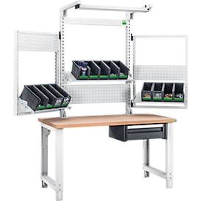 Bott cubio system werkbank, met laden, steun en zwenkramen, licht, beuken multiplex plaat, tot 800 kg, B 2000 x D 750 mm, lichtgrijs