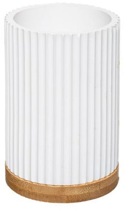 Moderne Tandenborstelhouder Wit - Polyresin en Bamboe - Badkamer Organizer - Diameter 7,2 x Hoogte 11 cm - Modern - Tandenborstel Beker - Badkamer Beker