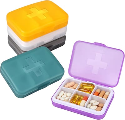 Pillendoos voor 7 dagen, draagbare pillendoos met 6 vakken, ideaal voor vitamines, medicatie en supplementen onderweg