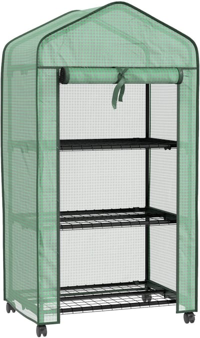 Killogood Mini tuinkas met 3 planken - HDPE zeil - oprolbare deur - 4 zwenkwielen - afm. 69L x 49l x 130H cm