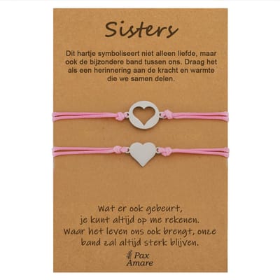 Vriendschapsarmbandjes voor 2 "Sisters" - Matchende Hartjes - BFF Armbandjes met Cadeau Kaartje - Zilverkleurig & Roze - Elastisch Verstelbaar - Pax Amare