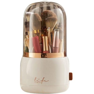1 pièce Seau de rangement pour pinceaux de maquillage Anti-poussière Housse de tuyau Cloison Peut tourner Le porte-stylo Boîte transparente Bureau brown