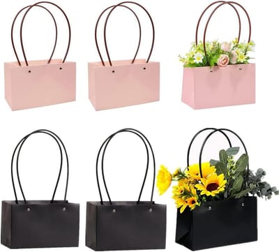 6 Stuks Kraft Papieren Bloemen Gift Bags - Waterdichte Boeketdozen voor Verjaardag, Valentijnsdag en Moederdag (Zwart, Roze)
