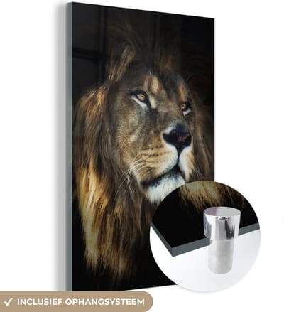 MuchoWow® Glasschilderij 120x180 cm - Schilderij acrylglas - Leeuw - Vacht - Zwart - Foto op glas - Schilderijen