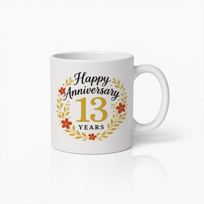 Gelukkige 13e Jubileum Mok 330ml – Elegante Bloemen Viering Koffiemok – Perfect Cadeau voor Stellen en Mijlpalen