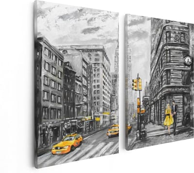 Artaza Canvas Schilderij Tweeluik Geschilderde New York Tekening - Zwart Wit - 80x60 - Foto Op Canvas - Canvas Print