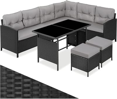 Loungeset 8-delig 306 x 190 x 66 cm Polyrotan Tuinlounge met Opbergbox, Bijzettafel en Kussens Zwart – Mobili Bella