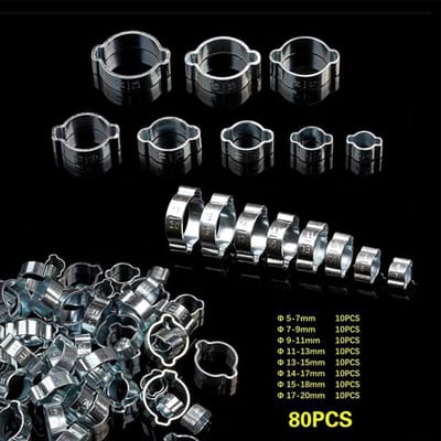 Dailygoods- Slangklem 80 Stuks RVS - Slangklemmen Assortiment - DoubleEar Klem - Corrosiebestendig - 360° Afdichting - Duurzaam en Hoogwaardige Materialen - Buisklem