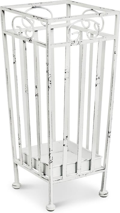 Paraplubak – Wit staal met lekbak – Romantisch ontwerp – 46 cm hoog, 20 cm breed, 20 cm diep