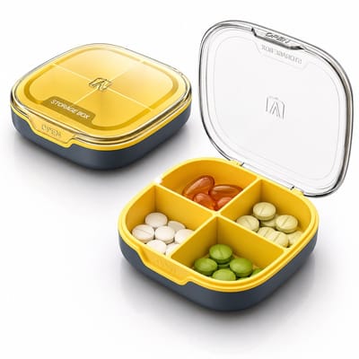 Pillen Doosje met 4 Vakken | Medicijndoos Compact | Reissetje voor Tabletten & Supplementen | Geel