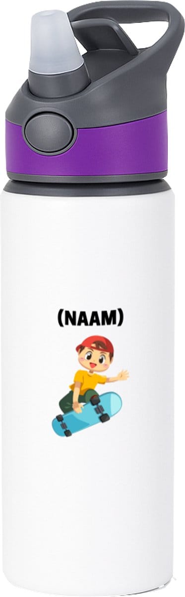 Hacebo® - Skateboarden met eigen naam waterfles met rietje paars - Sport - Skateboarder - Skaten - water fles - 650ML