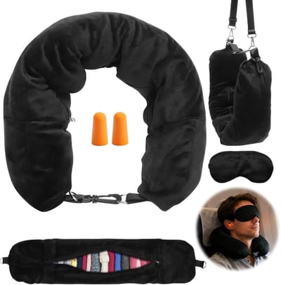 Thijox - Vulbaar Nekkussen U-vormig Reiskussen met Oogmasker en Oordopjes - Fluweel - Multifunctioneel voor Vliegtuig, Auto, Trein, Camping en Kantoor