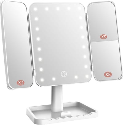 Oplaadbare Drievoudige Makeup Spiegel met Verlichting, Aanraakdimmer, 180 Graden Rotatie en Draagbaar Ontwerp voor Perfecte Make-up en Verzorging