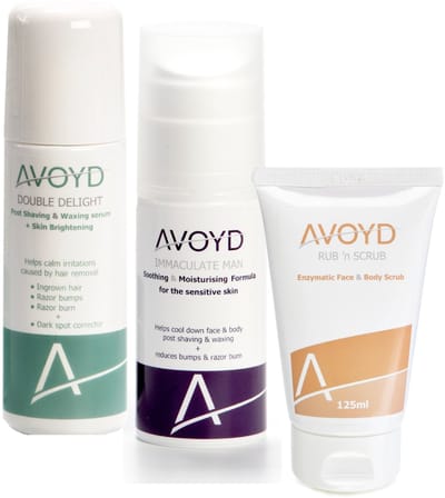 Avoyd PigmentatiePluspakket man - Set van 3 producten - Avoyd Double Delight 90ml + Avoyd Immaculate Man 50ml + Avoyd Rub 'n Scrub 125ml - Voorkomt ingegroeide haartjes, scheerirritatie, scheerbultjes & pigmentatie