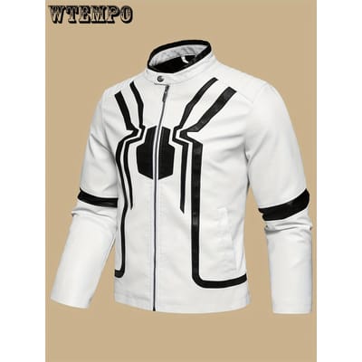 Veste en cuir PU élégante à motif araignée à blocage de couleurs pour hommes - Veste aviateur classique rétro de style urbain avec poche XL blanc